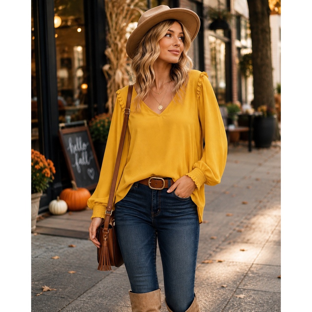 LOFT Blouse Women XL Mustard Yellow Ruffle Shoulder Smocked Cuff Boho Tunic